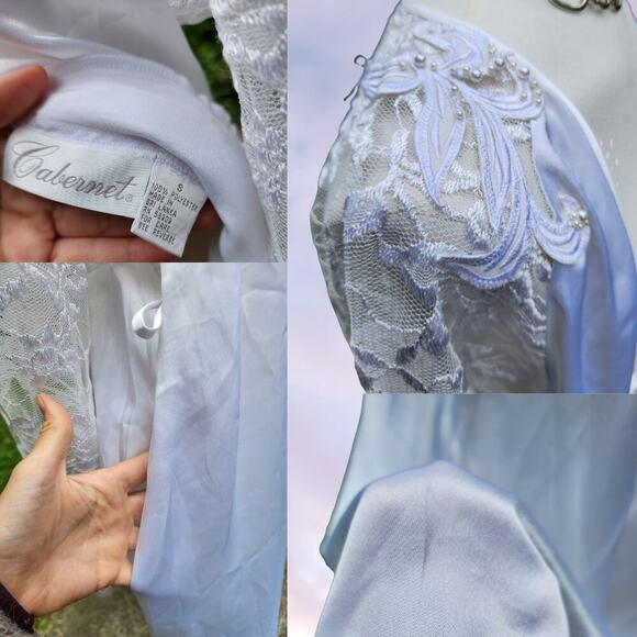 Vtg 90s Cabernet Satin White Long Maxi Lace Beaded Sleeve Robe Cover Up Sz S - Picture 8 of 8